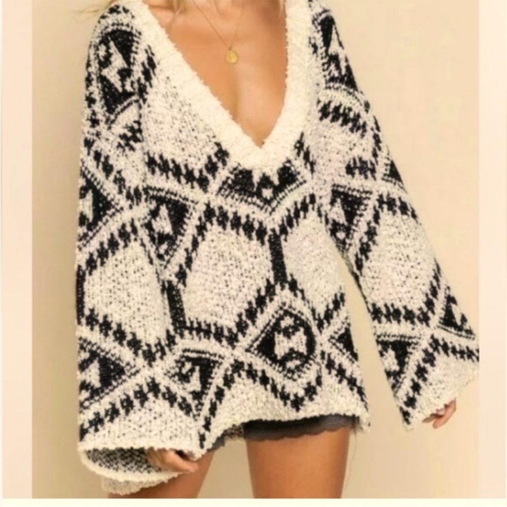 POL Black and Cream Oversized V-Neck  Sweater
